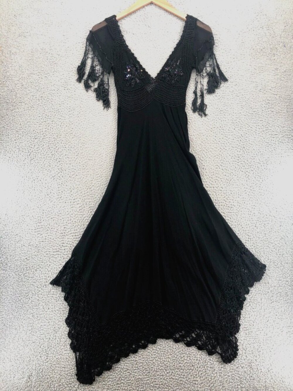 Ona Saez Dress Womens 1 Black Midi Crochet Bead Sequins Goth Boho Witch Fringe*
